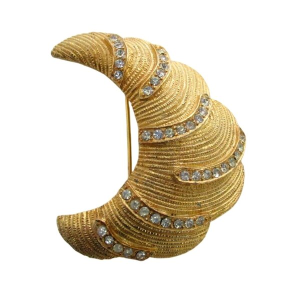 Crescent Moon Rhinestone Brooch Pin - Vintage 60s Celestial  Jewelry - Gift Box - Picture 2 of 7